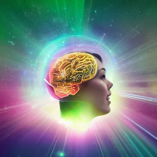 Prompt: a majestic portrait of a woman with her brain being projected onto an aws logo in the sky, digital painting, high detail, 8 k, intricate ornamental details, vibrant iridescent colors, green magenta and gold