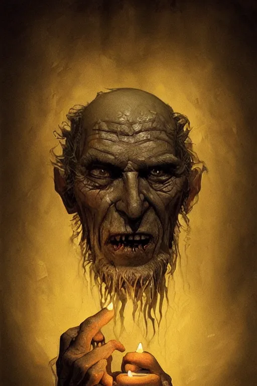 Image similar to portrait of a old vampire with long bear, intricate wrinkles, dystopian terror, night light, extremely detailed, hands, digital painting, lighting by candles, sculpted in zbrush, artstation, concept art, smooth, sharp focus, illustration, chiaroscuro lighting, golden ratio, incredible art by Stanley Artgerm Lau and Greg Rutkowski, composition by Alphonse Mucha and Simon Stalenhag