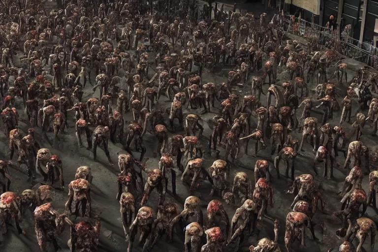 Prompt: distant footage of a crowd being devoured by zombies