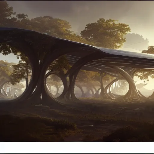 Prompt: futuristic branching and vaulted steel structure stretching out across the countryside, beautiful dynamic lighting, cinematic, wide angle establishing shot, extremely high detail, photo realistic, cinematic lighting, post processed, concept art, artstation, matte painting, style by eddie mendoza, raphael lacoste, alex ross, volumetric lighting, light rays, photorealistic, ultrarealistic, moody, coronarender, 8k