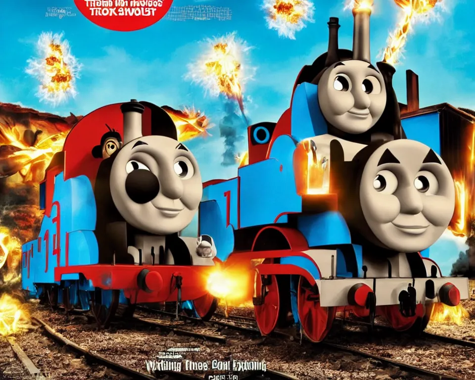 Image similar to thomas the tank engine exploding, movie poster