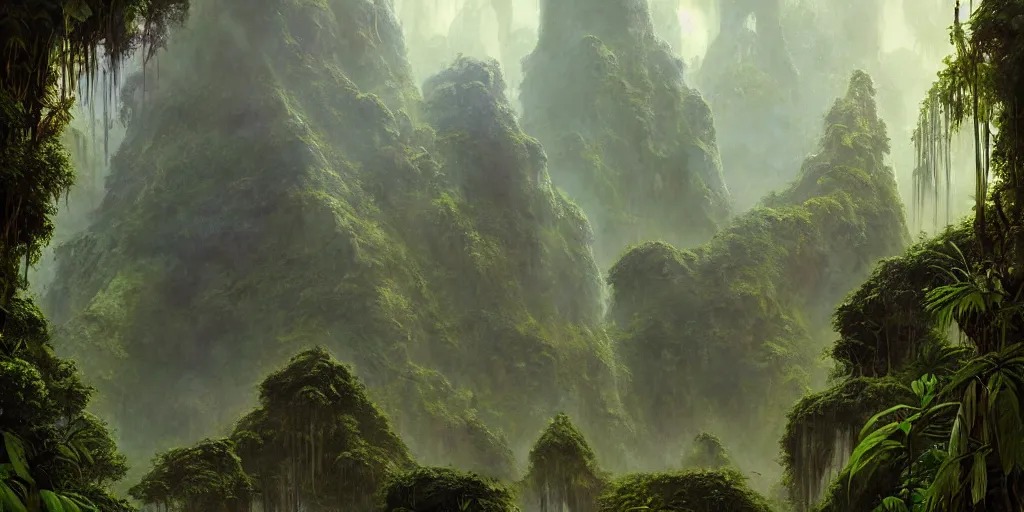 Image similar to a expressive landscape of mayan ancient jungle, artstation, award - winning realistic sci - fi concept art by jim burns and greg rutkowski, beksinski, a realism masterpiece, expressive color palette, james gilleard, bruegel, alphonse mucha, and yoshitaka amano