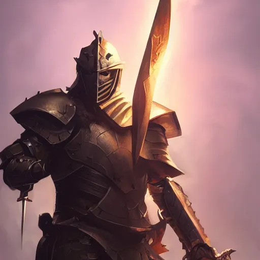 Prompt: Armored paladin, Holding a Large Sword , surrounded by divine light and profane shadows, highly detailed, dynamic, lighting, 4k, by Greg Rutkowski