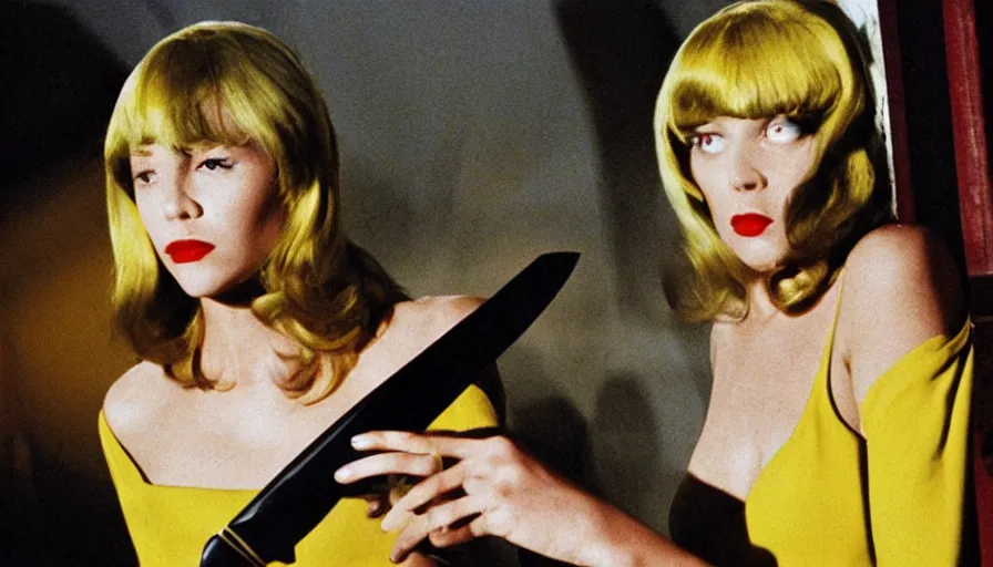 Image similar to color giallo movie about a killer with a knife killing fashion models