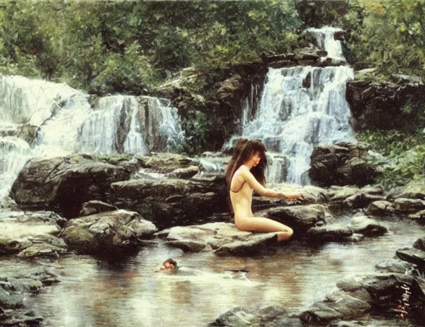 Prompt: steve hanks, serov valentin, lisa yuskavage, andrei tarkovsky, terrence malick, monk sits near waterfall, golden ratio, perfect symmetrical, polaroid, vintage, soft lights, foggy, oil on canvas