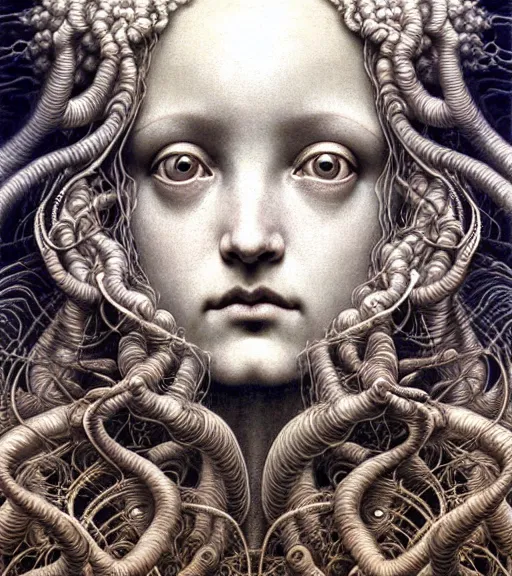 Image similar to detailed realistic beautiful cloud goddess face portrait by jean delville, gustave dore, iris van herpen and marco mazzoni, art forms of nature by ernst haeckel, art nouveau, symbolist, visionary, gothic, neo - gothic, pre - raphaelite, fractal lace, intricate alien botanicals, ai biodiversity, surreality, hyperdetailed ultrasharp octane render