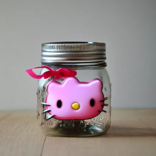 Image similar to hello kitty doll in a mason jar, 4 k, hyper realistic, dslr, high resolution, landscape, beautiful