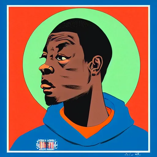 Image similar to “Side portrait of A AfricanAmericanboy with a blue hoodie on, in the style of a soviet propaganda poster”