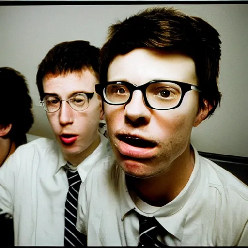 Image similar to sad geeks sitting in a dirty hotel room working on computers, 1990s photograph