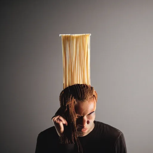 Prompt: man with spaghetti on top of his head, studio photography