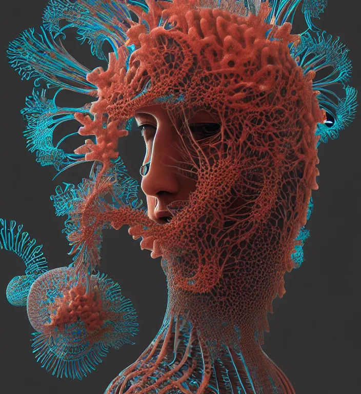 Image similar to portrait intricate mask, eagle coral, jelly fish, mandelbulb 3 d, fractal flame, octane render, cyborg, biomechanical, futuristic, by ernst haeckel