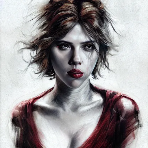 Image similar to portrait of scarlett johansson as a demon woman, colourised, face portrait, epic, tragic, military art, fantasy, dieselpunk, hd shot, digital portrait, beautiful, artstation, comic style, by artgerm, guy denning, jakub rozalski, magali villeneuve and charlie bowater