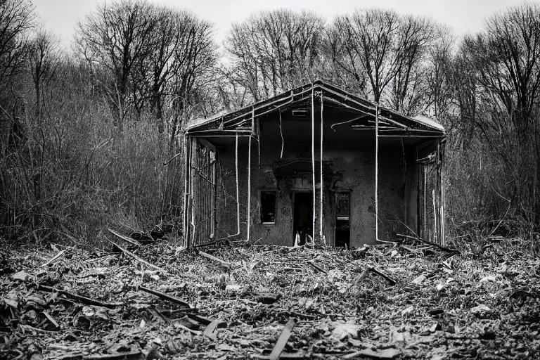 Prompt: a lovecraftian monster, in a field littered with derelict abandoned building being taken back by nature, a high contrast hyper detailed black and white studio portrait photo, shot in area x from the movie annihilation, by beau brashares, pinhole photography