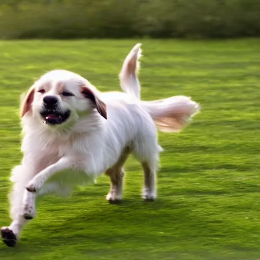 Image similar to a cute dog with the zoomies, movie still, 8 k