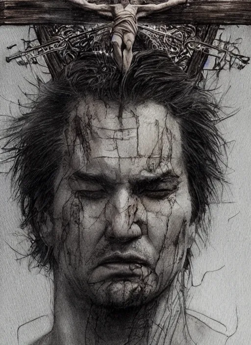 Prompt: portrait, Trump on a cross, watercolor, dramatic lighting, cinematic, establishing shot, extremely high detail, foto realistic, cinematic lighting, pen and ink, intricate line drawings, by Yoshitaka Amano, Ruan Jia, Kentaro Miura, Artgerm, post processed, concept art, artstation, matte painting, style by eddie mendoza, raphael lacoste, alex ross