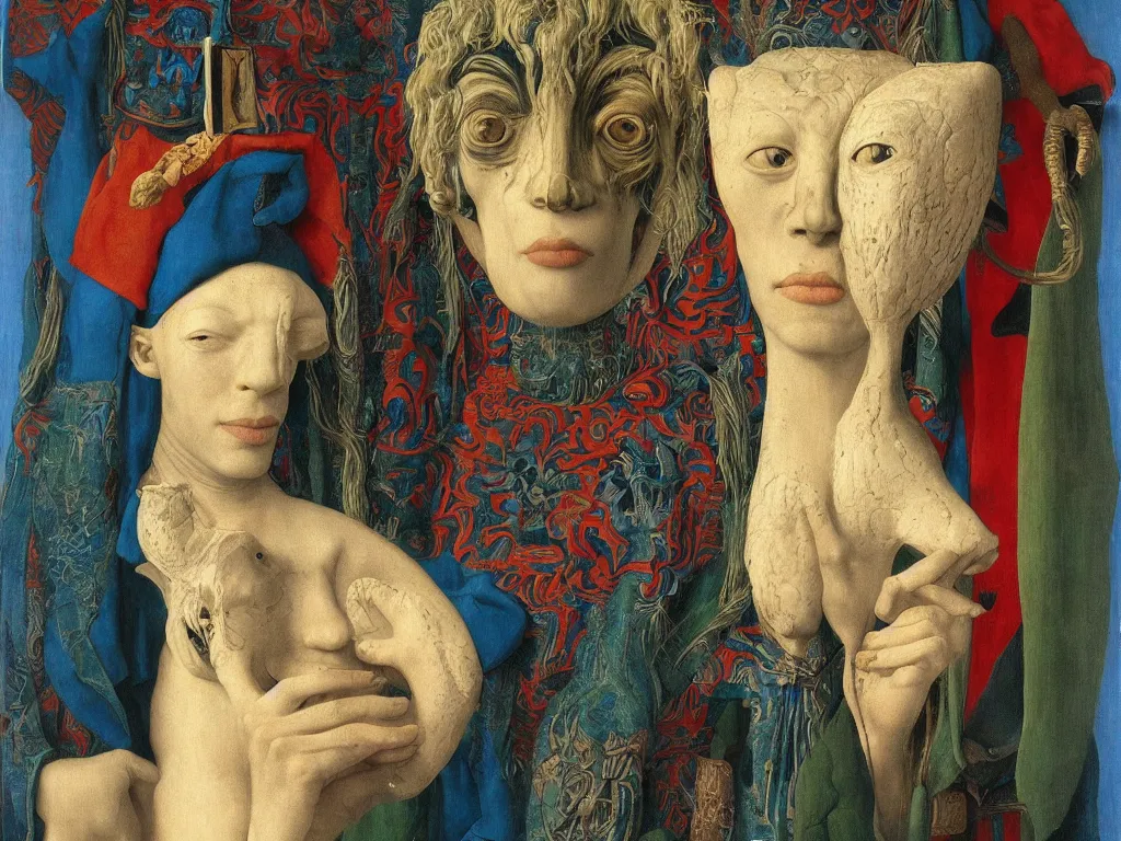 Image similar to portrait of albino mystic with blue eyes, with beautiful exotic, archaic, prehistoric, African mask, sculpture. Painting by Jan van Eyck, Audubon, Rene Magritte, Agnes Pelton, Max Ernst, Walton Ford