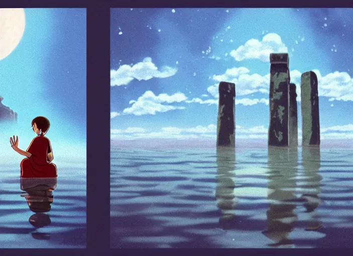 Image similar to a realistic cell - shaded studio ghibli concept art from paprika ( 2 0 0 6 ) of a floating cube from close encounters of the third kind ( 1 9 7 7 ) and a monk meditating on top of a pillar in a flooded stonehenge on a misty starry night. very dull colors, hd, 4 k, hq