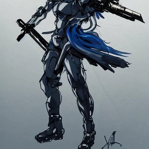 Image similar to An anime man with long, blue hair, wearing steel armor, drawn by Yoji Shinkawa highly detailed, trending on art station, sci-fi themed, dynamic posing