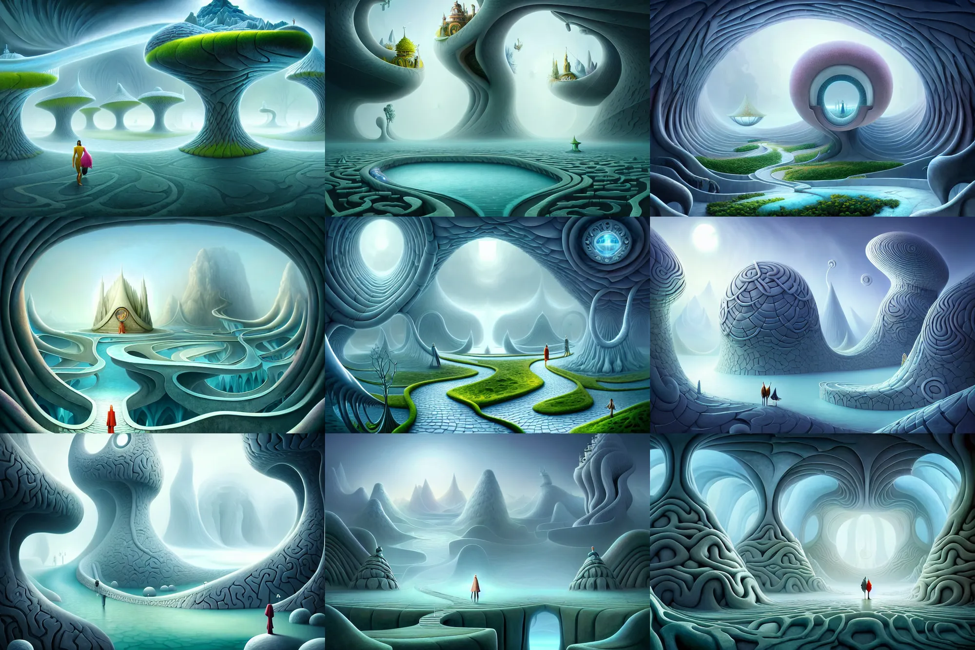 Prompt: a matte painting of an impossible path winding through arctic dream worlds with surreal architecture designed by heironymous bosch, structures inspired by heironymous bosch's garden of earthly delights, surreal ice interiors by cyril rolando and asher durand and natalie shau, insanely detailed, whimsical, intricate, mystical