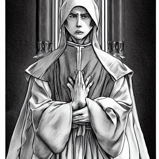 Image similar to portrait of Daniel Trejo as church nun, intricate, highly detailed, artstation, manga illustration by Kentaro Miura