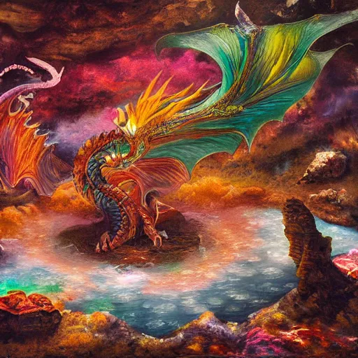 Image similar to highly detailed oil painting of a colorful hotspring within dark cavern, dragon sitting in the middle