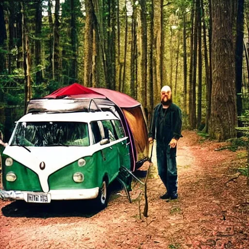 Image similar to walter white going camping in a forest, photography, polaroid,