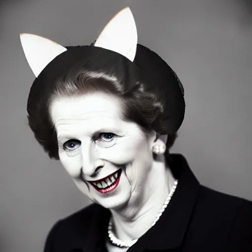 Prompt: Margaret Thatcher wearing cat ears, colour photography