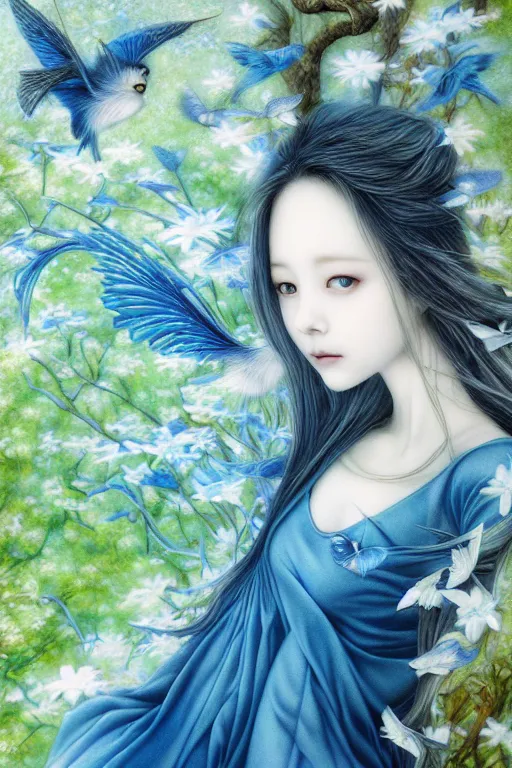 Prompt: breathtaking Portrait fairy by Miho Hirano, realistic, detailed, blue, green tonalities, beautiful collage technique including birds, CAT, ornate background, beautiful Fantasy detailed trending on artstation, oil painting, Dramatic lighting, eterea , high quality print, fine art with subtle redshift rendering