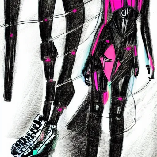 Image similar to cyberpunk outfit, fashion illustration, sketch, vivid colour, artistic, rough paper