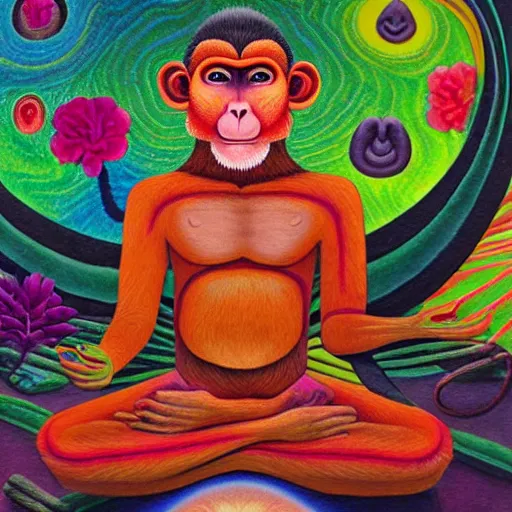 Prompt: an anthromorphic monkey man meditating in a zen garden, by amanda clark and amanda sage in a psychedelic style, oil on canvas