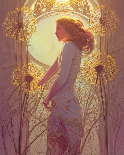 Image similar to dandelion | highly detailed | very intricate | art nouveau | gold filigree | storybook illustration | soft cinematic lighting | award - winning | painted by mandy jurgens and alphonse mucha and alena aenami | pastel color palette | featured on artstation