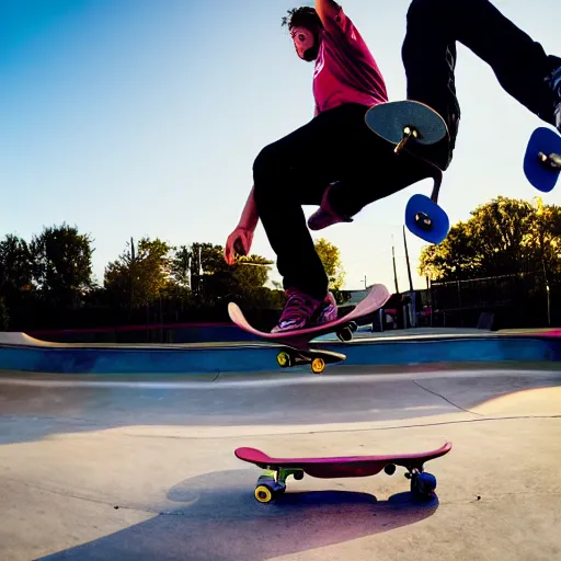 Prompt: professional photo of a skateboarder performing a grab trick, focused on brightly colored deck, 8 k, bright ambient lighting key light, 8 5 mm f 1. 8