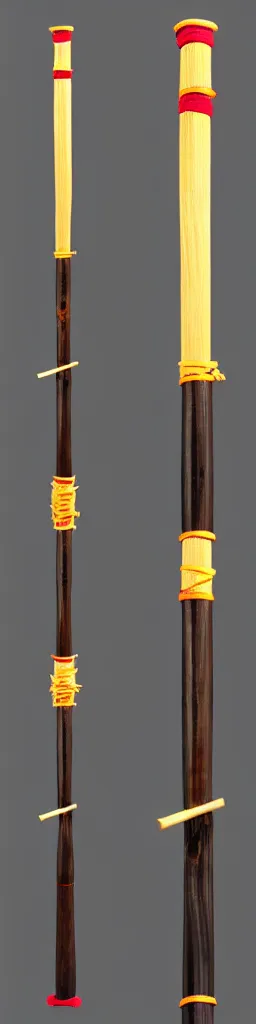 Image similar to single wooden long straight thin ninja fighting staff with oriental ornaments, weapon, highlight, vertical, centred, highly symmetric, sci - fi, fantasy, japan, dnd, close shot, bright uniform background, directional lighting, digital art, hyperrealism, award winning, 8 k