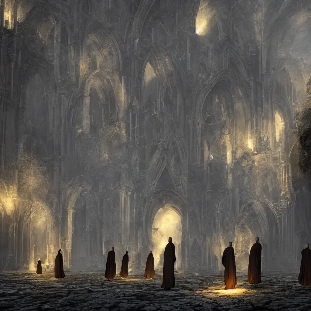 Image similar to Photorealistic strange dark monks perform a ritual in a ruined cathedral. Ominous storm clouds, strange levitating stones, stones falling from the sky, a gentle rising mist. occult photorealism, UHD, amazing depth, glowing, golden ratio, 3D octane cycle unreal engine 5, volumetric lighting, cinematic lighting, cgstation artstation concept art