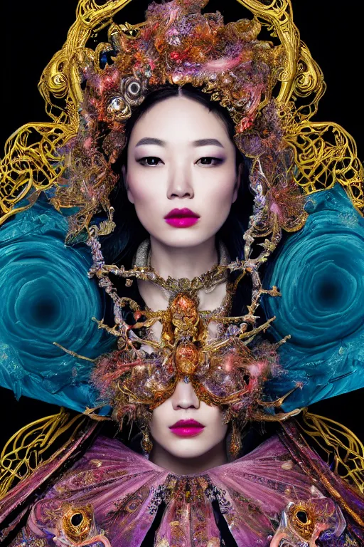 Image similar to a beautiful empress portrait, with a brilliant, impossible striking big cosmic galaxy headpiece, clothes entirely made out of cosmos chaos energy, symmetrical, dramatic studio lighting, rococo, baroque, jewels, asian, hyperrealism, closeup, D&D, fantasy, intricate, elegant, highly detailed, digital painting, artstation, octane render, 8k, concept art, matte, sharp focus, illustration, art by Artgerm and Greg Rutkowski and Alphonse Mucha