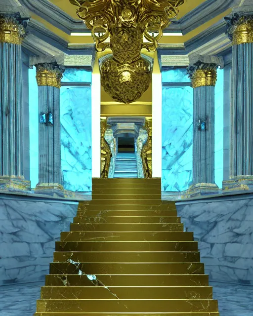 Prompt: scientifically realistic render scifi gold staircase to royal temple carved out of marble skeleton and blue gems and cyan crystal rendered in octane