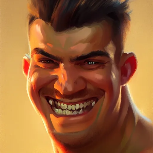 Image similar to portrait painting of a young strongman of 2 5, bright and energetic, with a sweet smile and big muscles, render cinematic lighting art 1 9 2 0 period drama by bussiere rutkowski andreas rocha