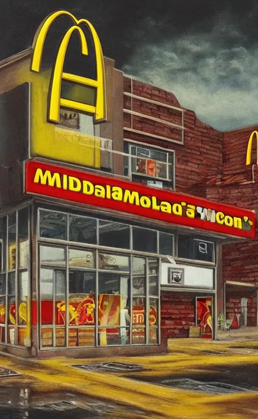 Prompt: amazing intricate painting of mcdonalds in an apocalypse. hd. hq. very detailed.