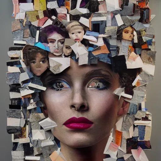 Prompt: a painting made out of Fragments of images taken from online sources, fashion magazines, and family photographs, they all come together to form hybrid faces and figures in the Dadaesque style but with a realist twist, evoking the intimacy and intensity of a face-to-face encounter, contemporary art, mixed media