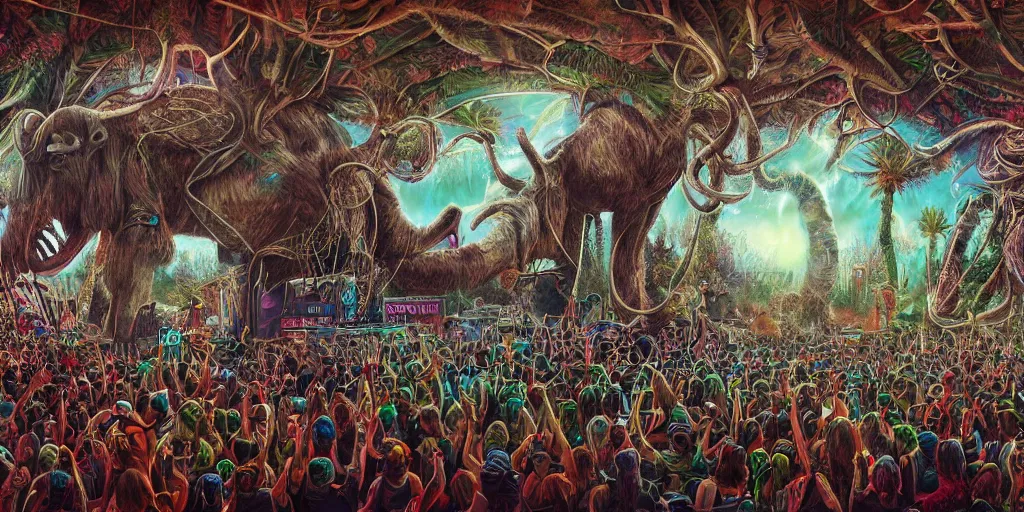 Image similar to hyper realistic coachella stage in the style of a mastodon album cover, highly detailed, intricate, digital painting, artstation, 3 5 mm film grain