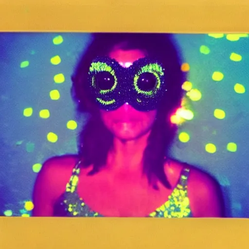 Image similar to “ disco frog wearing a sequin headband in a disco club, flashing colored lights in background, polaroid photo ”