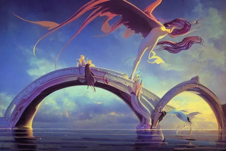 Image similar to Surreal, bridge between the worlds, fairy magnificent, elegant, art nouveau, white sweeping arches, surreal hybrid animals of neon colors in the sky, dramatic lighting, by Studio Ghibli, Brom,