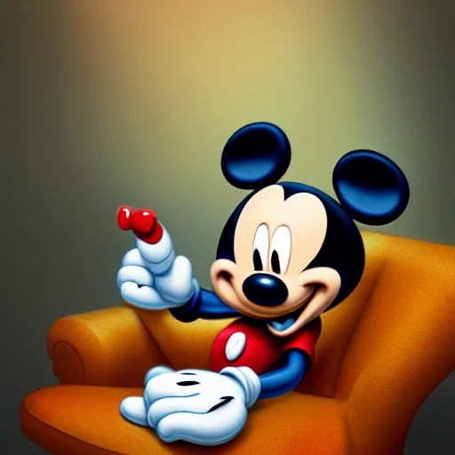 Image similar to mickey mouse holding a giant joint while sitting on a couch in a messed up apartment, stoned eyes, smoke, amazing digital art, amazing detail, artstation, award winning, sharp