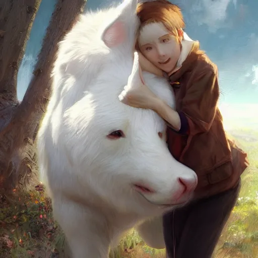 Image similar to a person hugging!!! a large white animal, a detailed painting by krenz cushart, pixiv contest winner, fantasy art, official art, detailed painting, pixiv. highly detailed. 4 k masterpiece. unreal engine. photorealistic. realism. cinematic. photorealism. wideshot