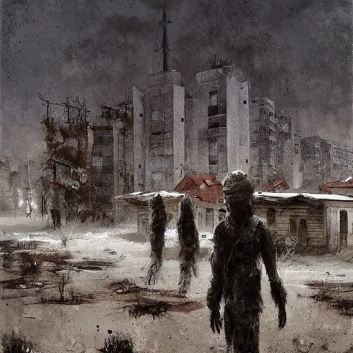 Image similar to painting of a abandoned post soviet town infested with humanoid root monsters by jakub rozalski