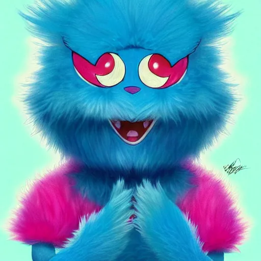 Image similar to Habs Mascot YOUPPI pokemon shiny, legendary, ultra rare, super cute and friendly, most powerful legendary shiny cyan pink pokémon, highly detailed, digital pencil painting, anime, cartoonish, gentle fluffy monster pink and light blue youppi pokemon, sharp focus, illustration, art by artgerm and greg rutkowski and alphonse mucha