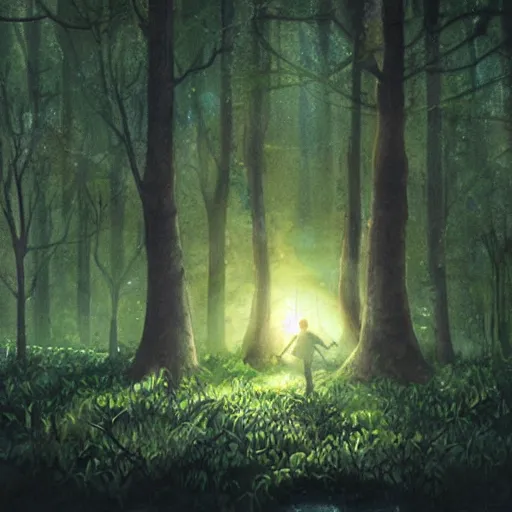 Image similar to a dirty lost person is following a floating blue softly glowing ball of light through the swampy forest, art by Alberto Rocha .