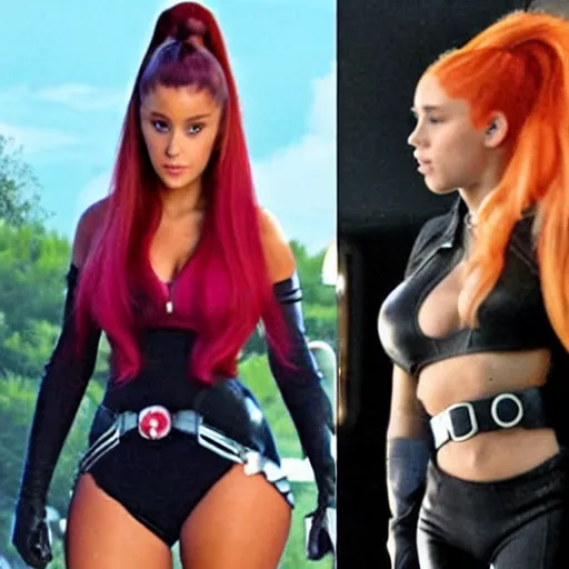 Image similar to 250-pound Ariana Grande as Black Widow from The Avengers with her big belly hanging over her waistband