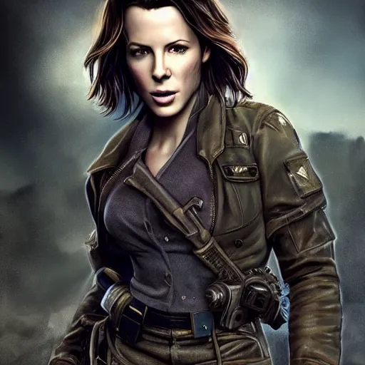 Image similar to fallout 5, charismatic beautiful rugged young kate beckinsale with katana, portrait, outdoors ruined cityscape, atmospheric lighting, painted, intricate, volumetric lighting, beautiful, daytime, sunny weather, slight overcast, sharp focus, deep colours, ultra detailed, by leesha hannigan, ross tran, thierry doizon, kai carpenter, ignacio fernandez rios
