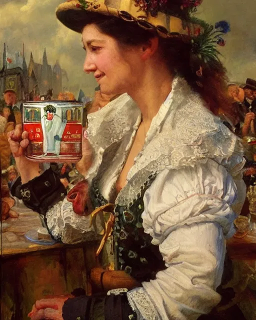 Prompt: a painting of janice jarratt holding a mug of beer at the oktoberfest, a detailed painting by konstantin makovsky and by jan matejko and by nikolay makovsky, shutterstock contest winner, german romanticism, detailed painting, oil on canvas, wimmelbilder